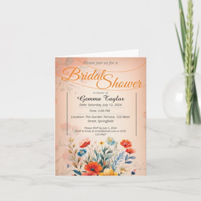 Convite Cores laranja e pastéis com design de flores pinta (Frente)
