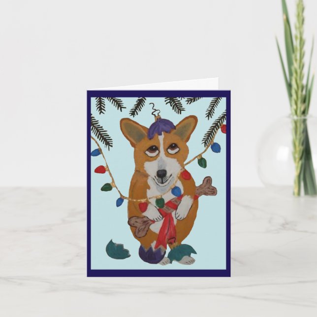 Convite Corgi com Enfeites de Natal Quebrados (Frente)