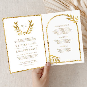 Convite Coroa de Folhas de Louro Dourado Casamento Branco
