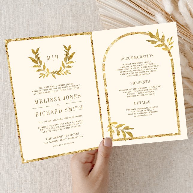 Convite Coroa de Folhas de Louro Dourado Casamento Creme (Criador carregado)