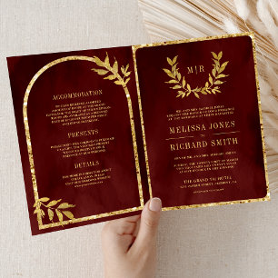 Convite Coroa de Folhas de Louro Dourado Vermelho Burgundy