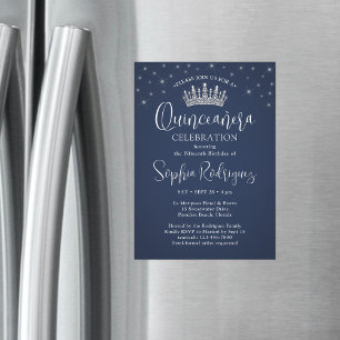 Convite Coroa de Quinceañera Elegantes Faíscas Azul Naval