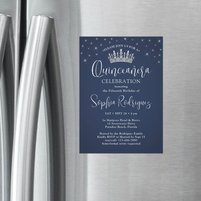 Convite Coroa de Quinceañera Elegantes Faíscas Azul Naval (Criador carregado)