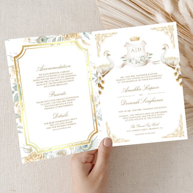 Convite Coroa Dourada Casamento Real Peacock Indiano Branc (Criador carregado)