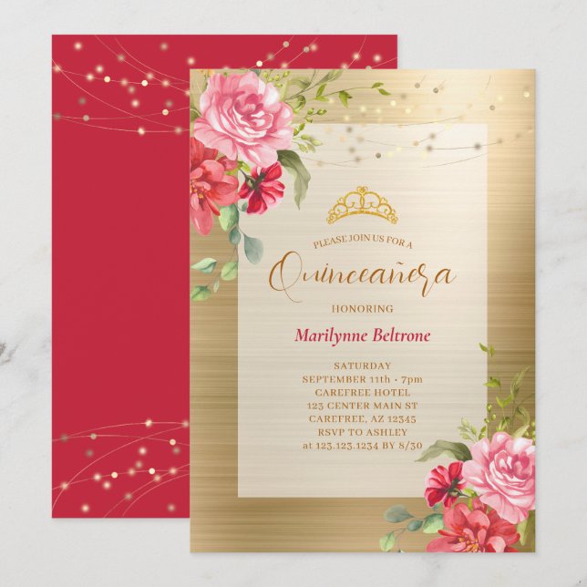 Convite Coroa Floral Dourada de Quinceañera (Frente/Verso)