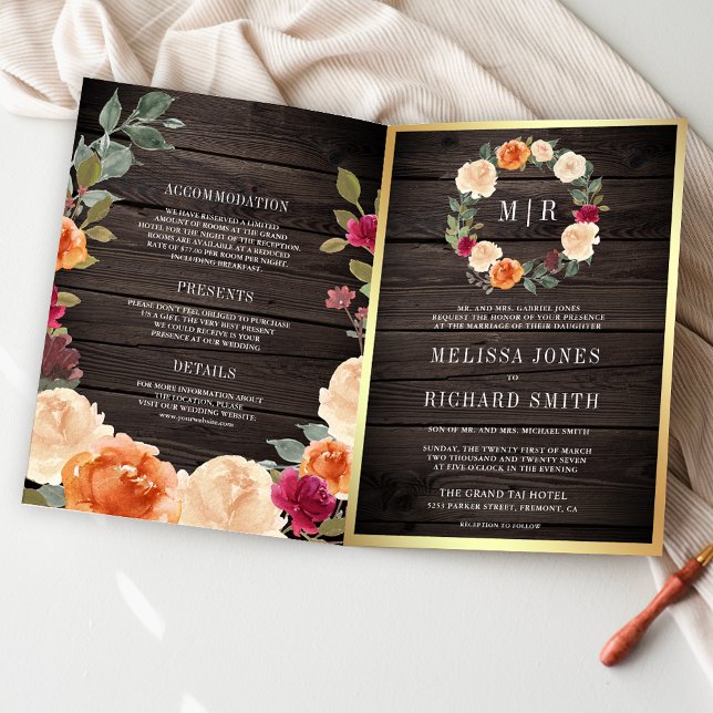 Convite Coroa Floral Rústica de Madeira QR Code Casamento (Criador carregado)