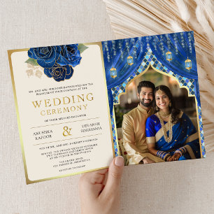 Convite Cortina Floral Azul Dourado Casamento Hindu Indian