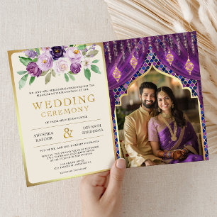 Convite Cortina Floral Dourada Roxa Casamento Hindu Indian