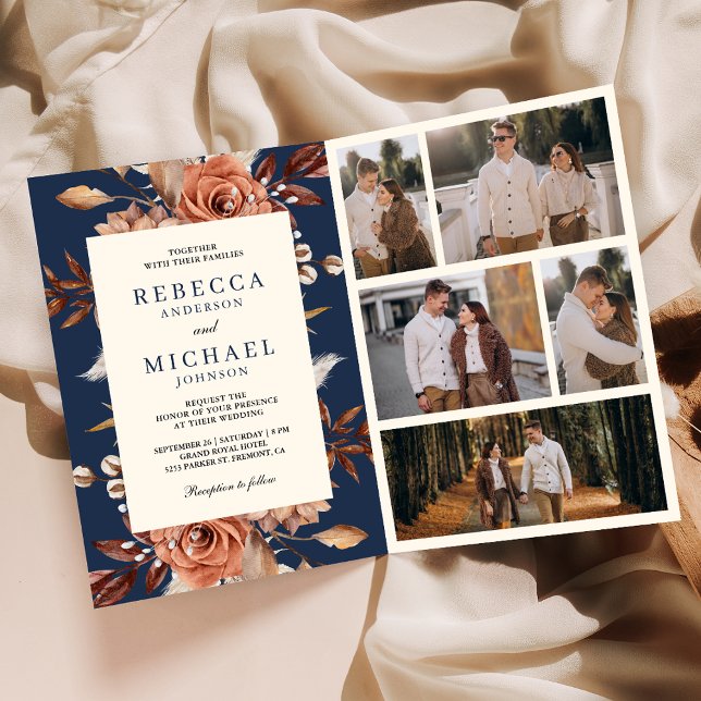 Convite Cream and Terracotta Floral QR Code Navy Wedding (Criador carregado)