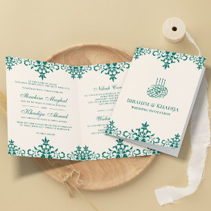Convite Creme e Azul Turquesa Damask Casamento Islâmico Mu