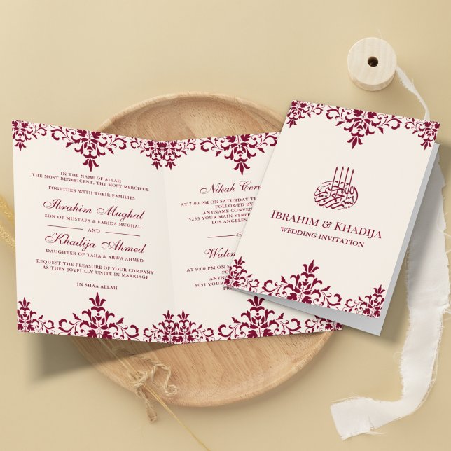 Convite Creme e Borgonha Damask Casamento Islâmico Muçulma (Criador carregado)