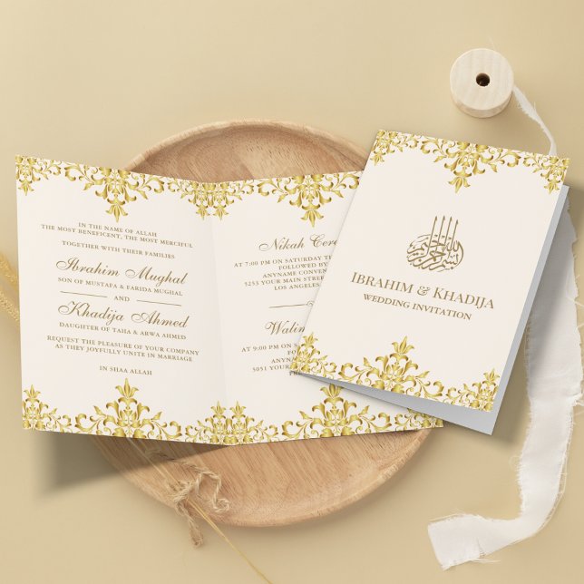 Convite Creme e Dourado Damask Folha Islâmico Casamento (Criador carregado)