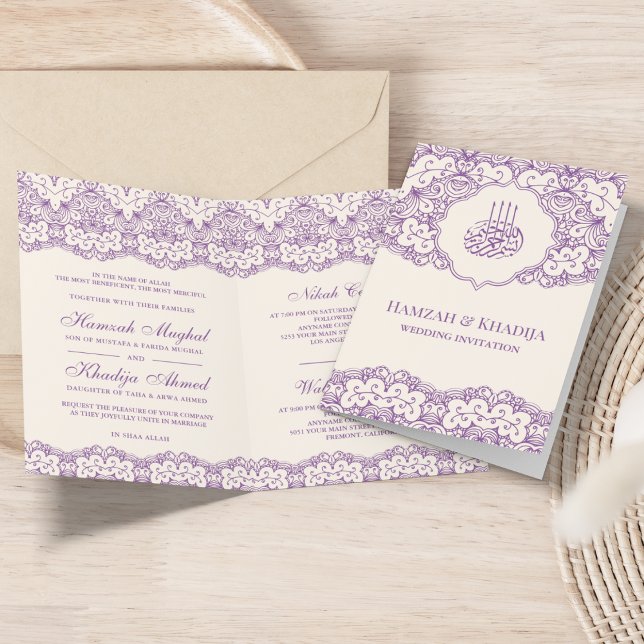 Convite Creme e Roxo Casamento Islâmico Muçulmano de Renda (Criador carregado)