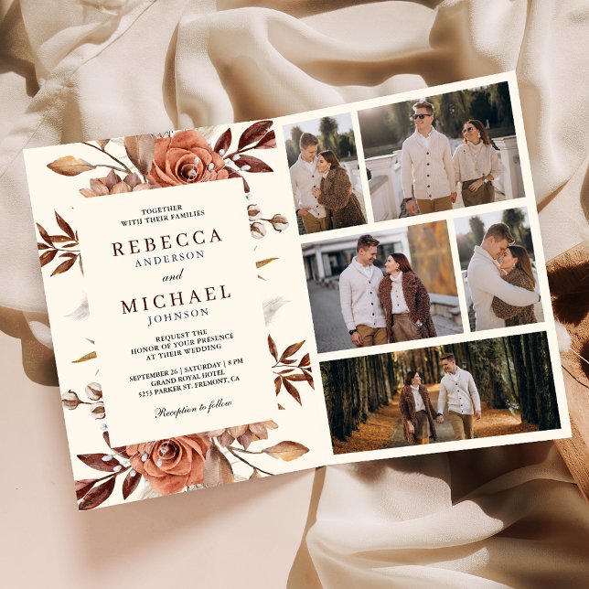 Convite Creme e Terracota Código QR Floral Casamento (Criador carregado)