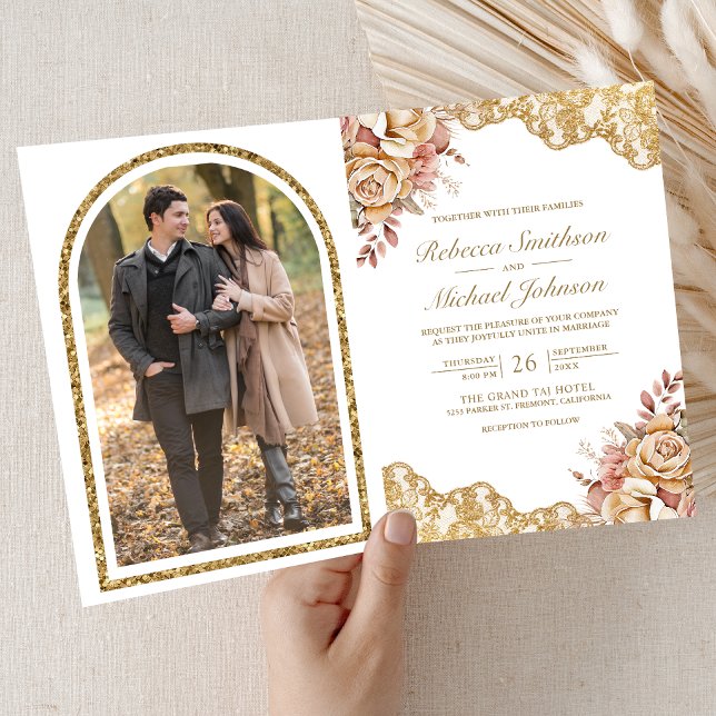 Convite Creme Floral Dourado Renda Código QR Foto Casament (Criador carregado)