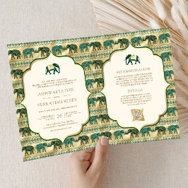 Convite Creme Verde Esmeralda Ouro Elefante Casamento Indi