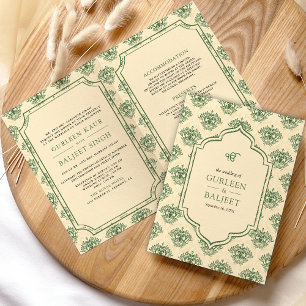 Convite Creme Verde Ikat Damask Tudo em Um Casamento Sikh