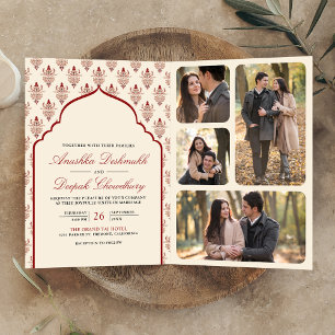 Convite Creme Vermelho Ikat Tudo em Um Casamento Indiano