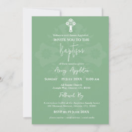 Convite Cruz Floral Baptism Sage Green