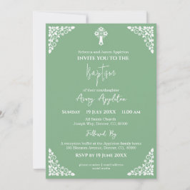 Convite Cruz Floral Baptism Sage Green