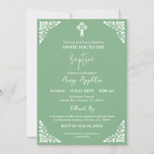 Convite Cruz Floral Baptism Sage Green