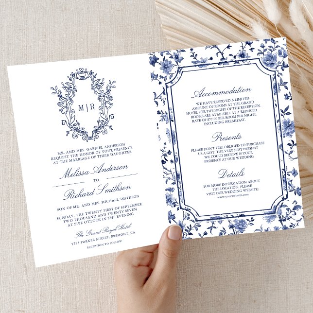 Convite Cumeeira de Chinoiserie Branco e Azul com Código Q (Criador carregado)