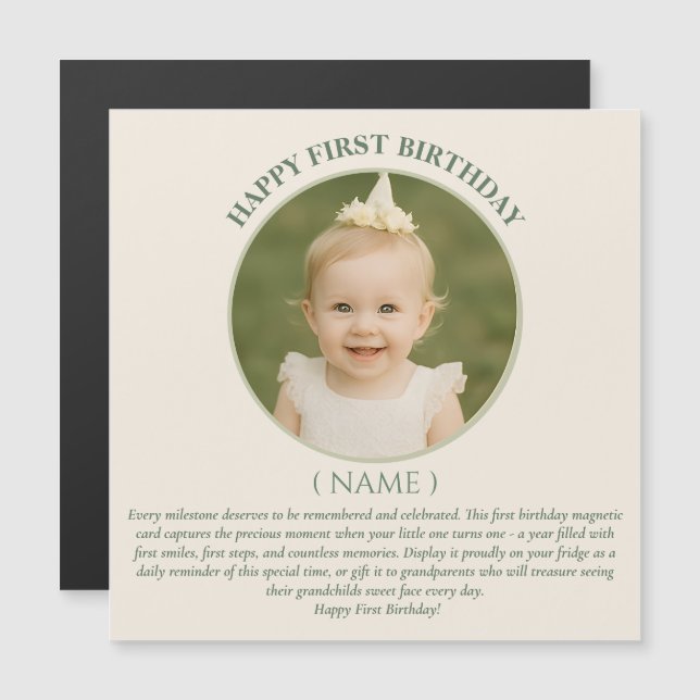 Convite Custom Photo First Birthday Sage Green Thin Magnet (Frente/Verso)