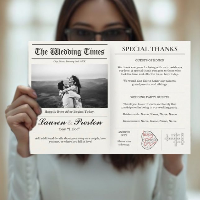 Convite Custom Wedding Newspaper - Fun Guest Activity Book (Newspaper Wedding - Party Games Crossword)