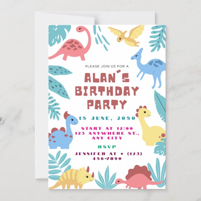 Convite Cute Dinosaur Birthday Invitation (Frente)