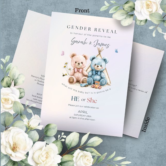 Convite Cute Teddy Bear Gender Reveal Invitation (Criador carregado)