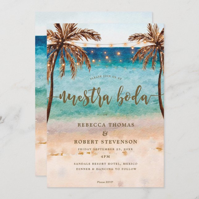 convite da boda para a cena da praia tropical (Frente/Verso)