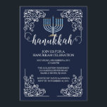 Convite da celebração de Menorah Hanukkah do<br><div class="desc">Enfie sua festa natalícia fora do direito com nosso convite de festas azul elegante da celebração de Hanukkah que caracteriza um quadro do vintage que apresenta uma luz - menorah azul ajustado em um fundo dos azuis marinhos com tipografia moderna. Certifique-se que todos seus amigos e membros da família estão...</div>