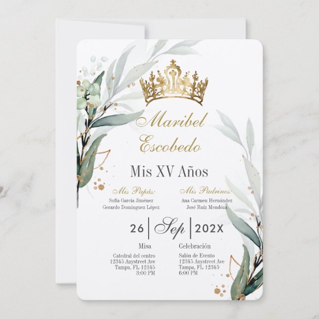 convite da coroa Dourada quinceañera (Frente)