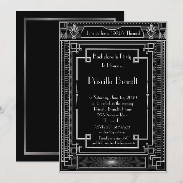 Convite da festa de solteira, grande Gatsby, prata (Frente/Verso)