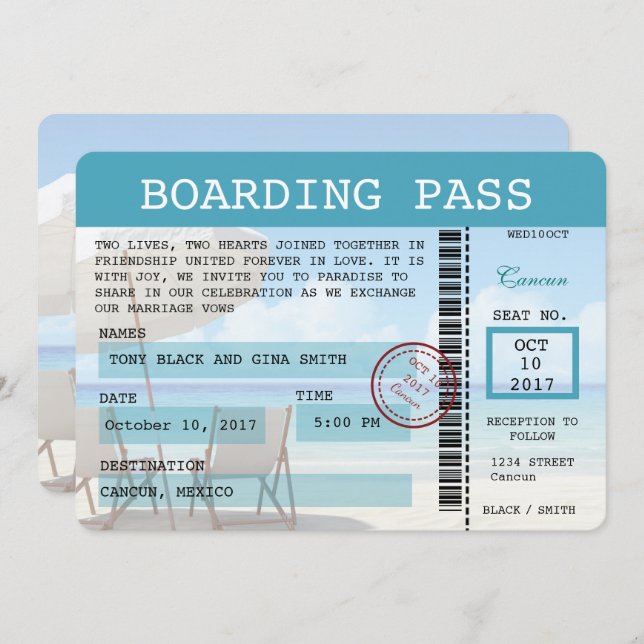 Convite da passagem de embarque do casamento de (Frente/Verso)