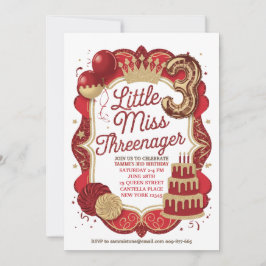 Convite da Pequena Senhorita Três Anos Vermelha
