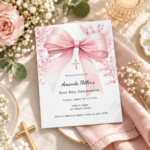 Convite da Primeira Comunhão menina com flores e l