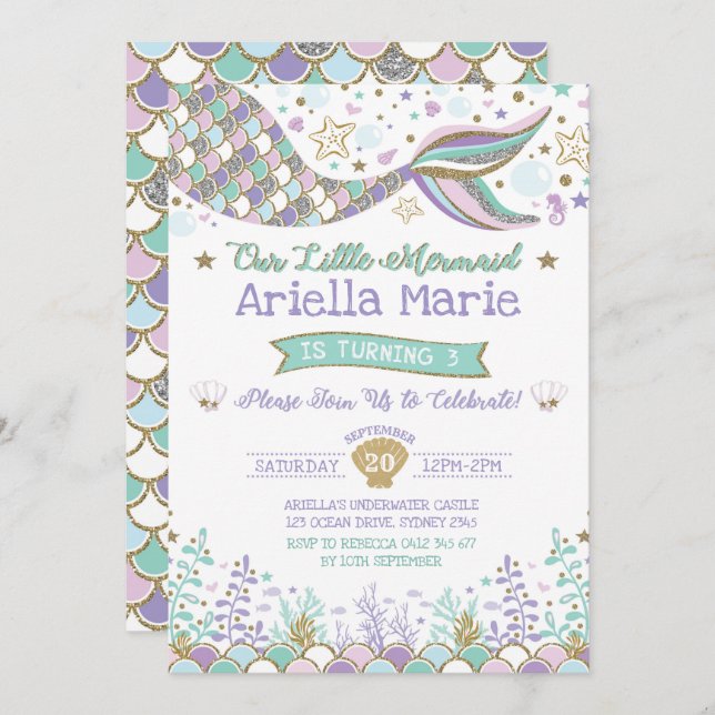 Convite da sereia sob a festa de aniversário do (Frente/Verso)