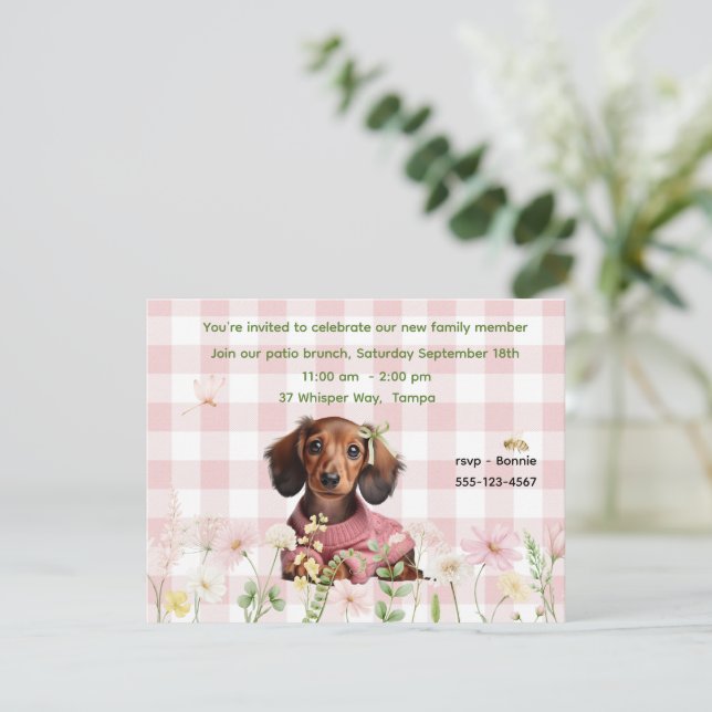 Convite Dachshund Xadrez Rosa (Em pé/Frente)