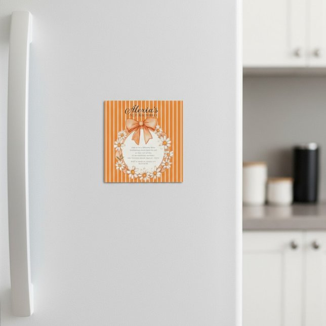 Convite Daisy Wreath Orange Stripe Birthday Thin Magnetic  (Criador carregado)