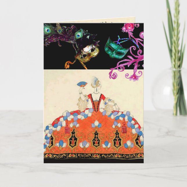 CONVITE DAMAS LARANJA MARDI GRAS BAILE DE MÁSCARAS MÁS CAR (Frente)