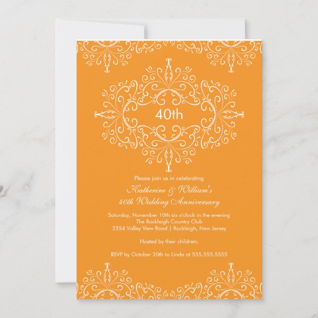 Convite Damask 25º Aniversário Laranja Branco (Frente)