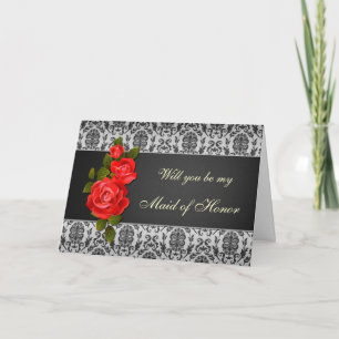 Convite Damask black gray, red roses Maid of Honor Request