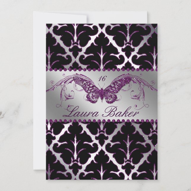 Convite Damask Butterfly Sweet 16 Roxo Brilho (Frente)