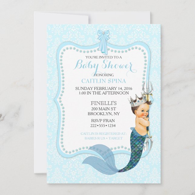 Convite Damask Coroa Príncipe Menino Merman Merboy (Frente)