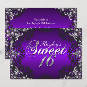 Convite Damask Sweet 16 Pérola Preta Roxo Prata