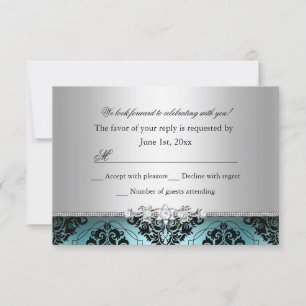 Convite Damask Teal & Prata RSVP