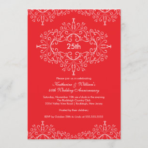 Convite Damask Vermelho Branco Aniversário de 25 A