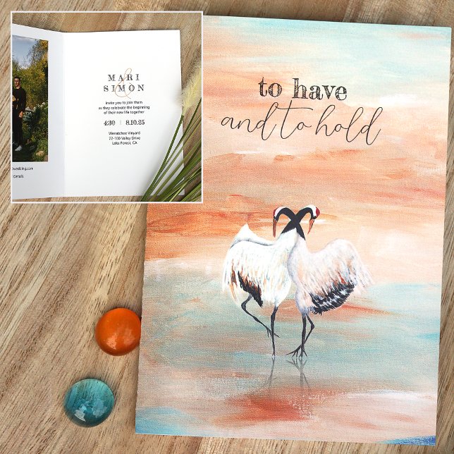 Convite Dançando Gruas Japonesas Tancho Beige Blue Wede (asian origami cranes natural beige terracotta copper rust turquoise wedding invitation)