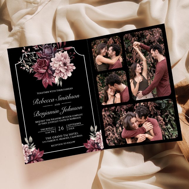Convite Dark Moody Floral Frame Black QR Code Wedding (Criador carregado)
